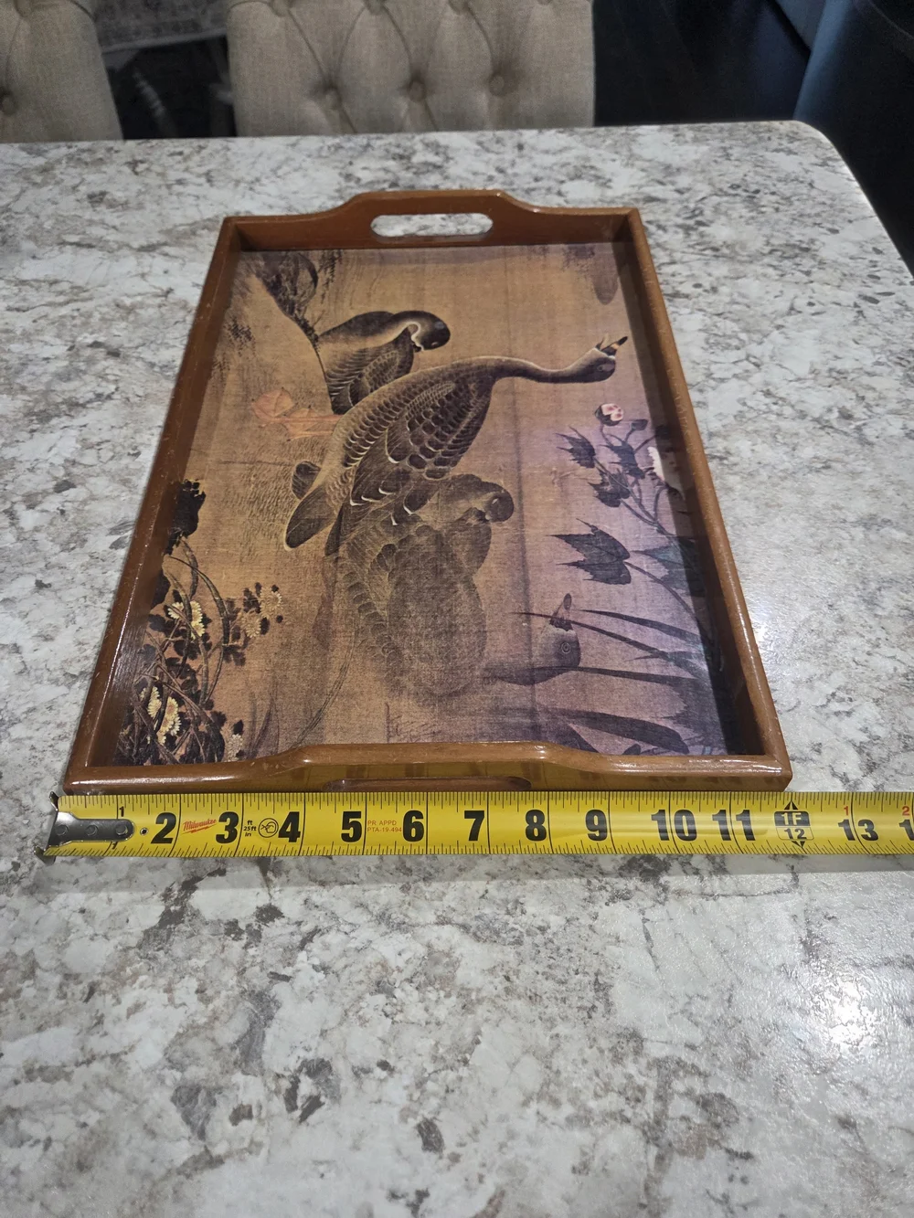 Vintage Style Brown Wood Serving Tray with Duck Illustration MCM